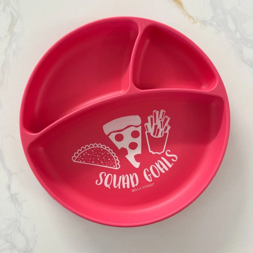 Three Silicone Baby Plates and one Pink Bib